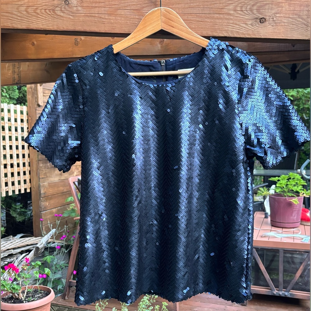 J.O.A. Los Angeles Navy Blue Chevron Sequin Fete Top, 
Sequin Short Sleeve Top